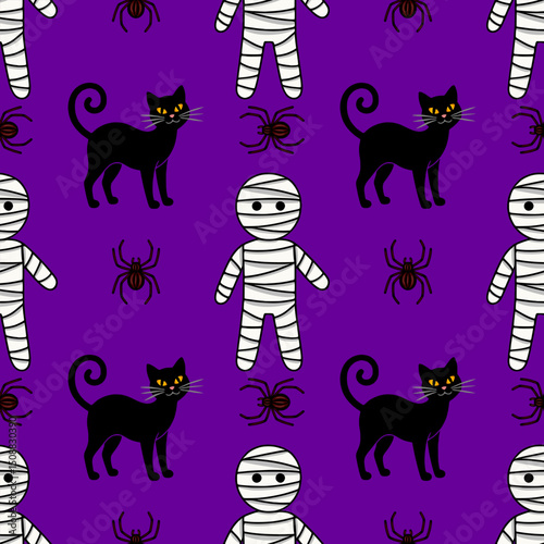 Seamless vector Halloween pattern featuring cute mummies, black cats, and spiders on a vibrant purple background, perfect for festive designs and spooky celebrations.