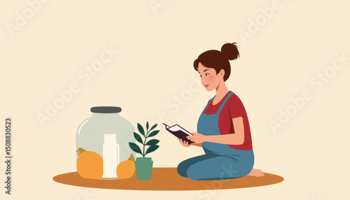 Woman reading label on jar while sitting on the floor, mindful exploration