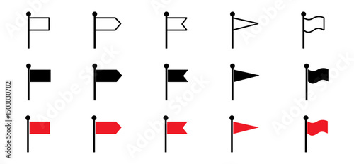 Flag icon. Set of red flag icons. Waving flag icon. Different flag icons set. Vector illustration.