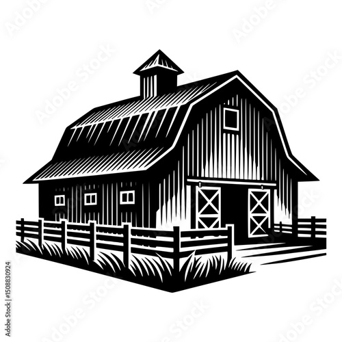 Black and white vector illustration of a farm barn with a fence in front of it