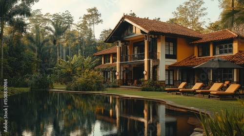Luxurious villa by a pool, surrounded by tropical foliage