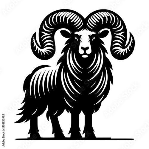 A powerful ram with its prominent horns stands tall and proud, facing the viewer directly