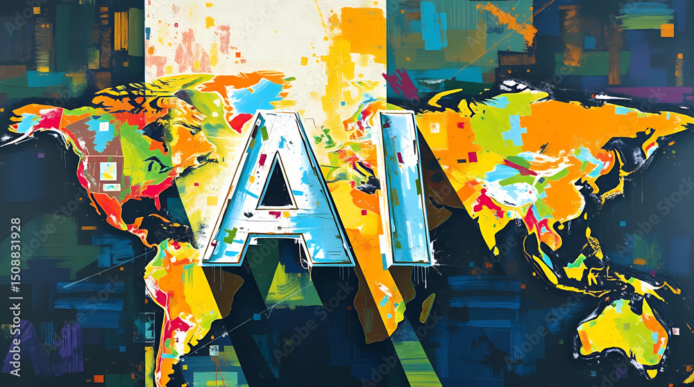Fototapeta premium AI In Business - Global Technology Integration Visualized With Vibrant, Abstract Art, Depicting Innovation And A Futuristic World.