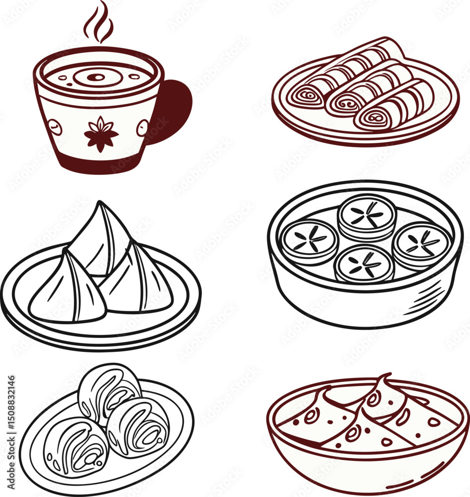 Line Art Icon Pack of Bengali Street Food – Fuchka, Jilapi, Mishti Doi, and More in Minimal Stroke Style