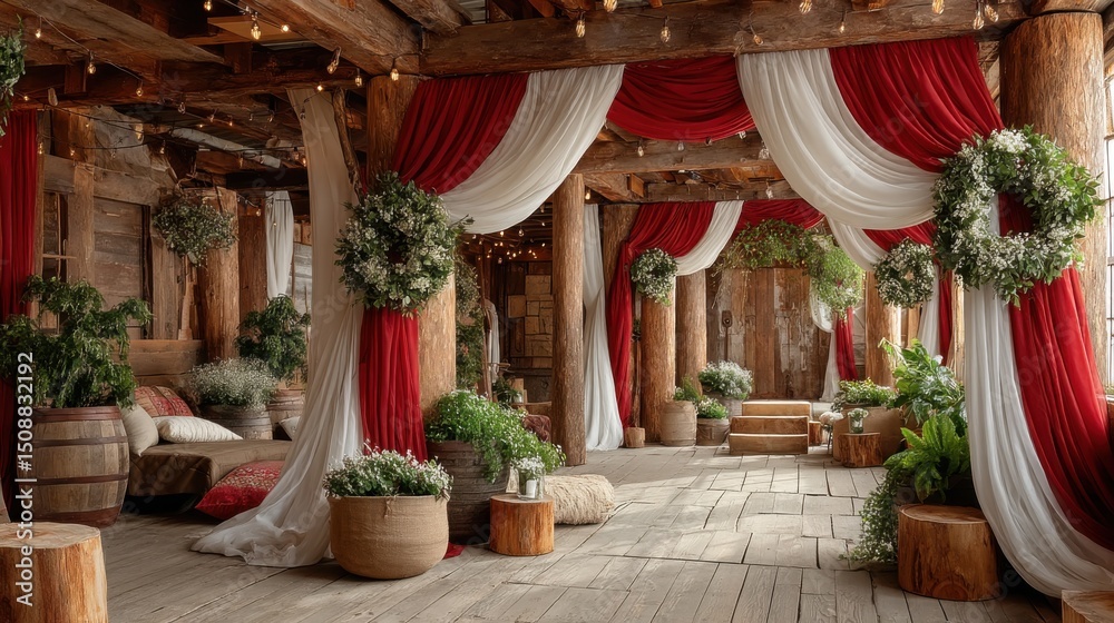 Fototapeta premium Elegantly decorated rustic indoor space with wooden beams, draped red and white fabric, and lush green wreaths adorned with white flowers for a special event. Cozy seating areas with cushions, potted 