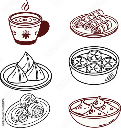 Line Art Icon Pack of Bengali Street Food – Fuchka, Jilapi, Mishti Doi, and More in Minimal Stroke Style