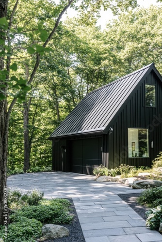 Modern black cabin nestled in lush forest landscape with stone pathway and greenery featuring contemporary design and natural surroundings