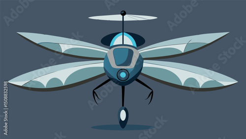 A futuristic air taxi inspired by dragonflies with four long thin wings that flap and assist in vertical takeoff and landing. Its body is made of lightweight carbon fiber for added. Vector