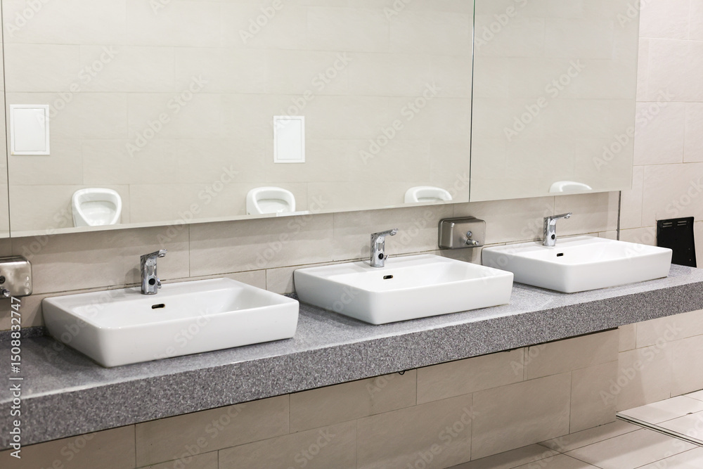 Fototapeta premium Large public men's toilet with white.