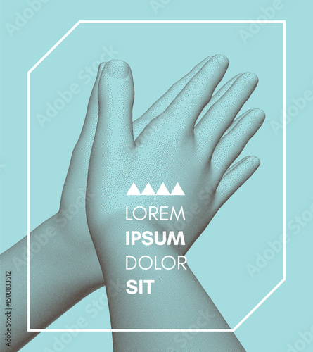 Hands in prayer position. Praying to god with faith and hope. Concept of religion, worship, love and spirituality. Set of icons with sphere and other graphic elements for design. 3d vector.