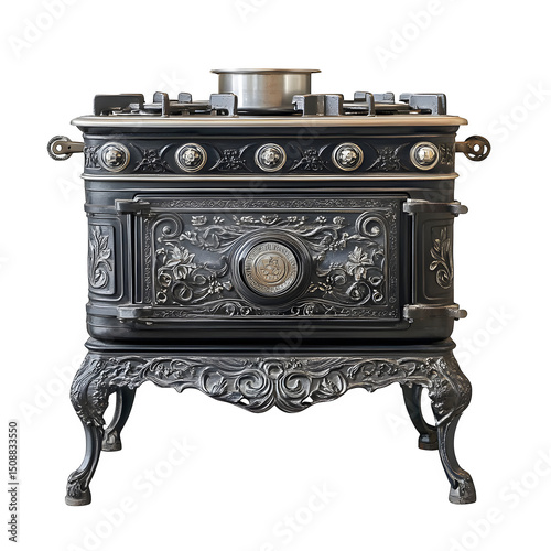 Antique cast iron cooking stove with nickel trim and functional components, isolated on pure white background. Control dark areas with fill lighting.