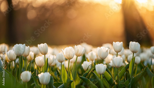 enchanting field of white tulips glowing in warm golden light of sunset tranquil spring nature closeup artistic sunlight rays colorful lush foliage flowers meadow peaceful calm natural landscape