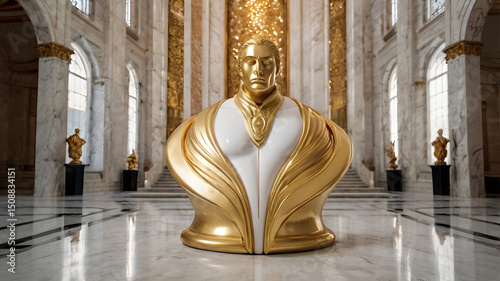 Glowing Gold Accents on a White Marble Statue in a Grand Hall