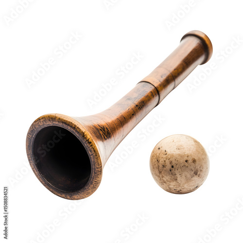 Authentic Valley Forge Revolutionary War musket ball and powder horn, isolated on pure white background. Use macro lens for surface details.