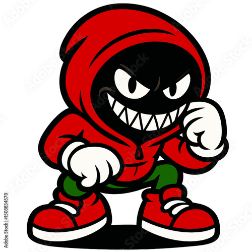 Dark-faced character in bold pose, red sneakers