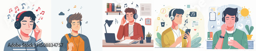 young man character vector listening to music