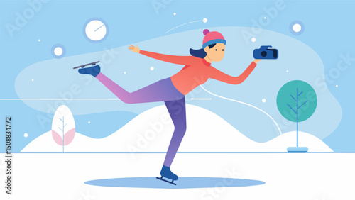 A figure skater practicing jumps and spins on the ice with a camera system capturing their movements and delivering realtime data on their balance and speed.. Vector illustration
