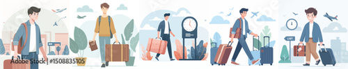 young man character vector dragging suitcase