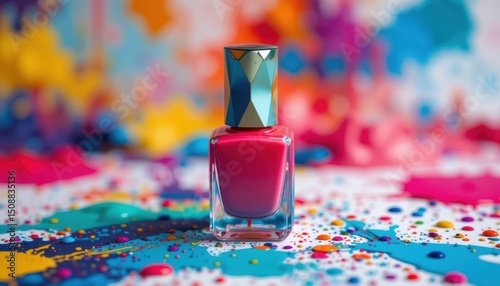 Vibrant Nail Polish Bottle Mockup Geometric Cap, Colorful Paint Splatter Background