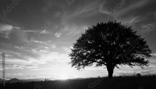 Monochrome Majesty A Solitary Tree Silhouetted Against a Dramatic Sunset Sky