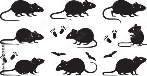 Nine mouse silhouettes collection isolated on white background