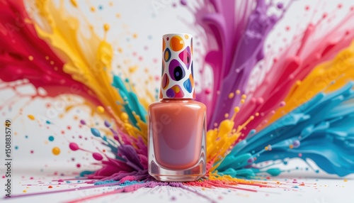 Whimsical Nail Polish Bottle Mockup Colorful Explosion of Paint Splashes