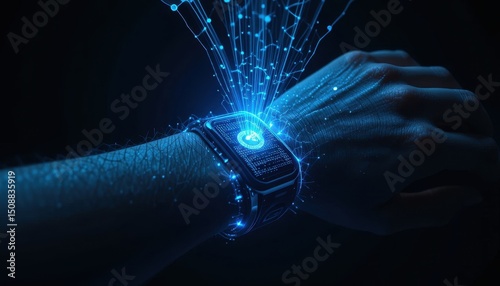 Futuristic Holographic Wrist Device Emerging Tech, Glowing Grid, Pixelated Interface