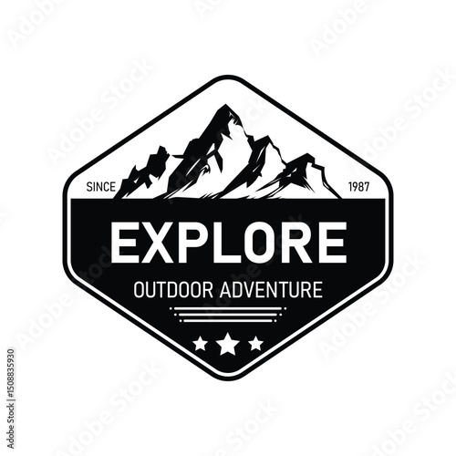 Logo showcases the word Explore below stylized mountains, designed for outdoor adventure branding. The minimalistic vector style enhances versatility for various applications.