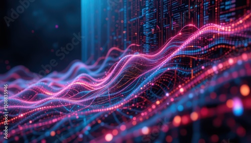 Futuristic Holographic Data Stream Neon Lights and Pixelated Waves Across a Grid
