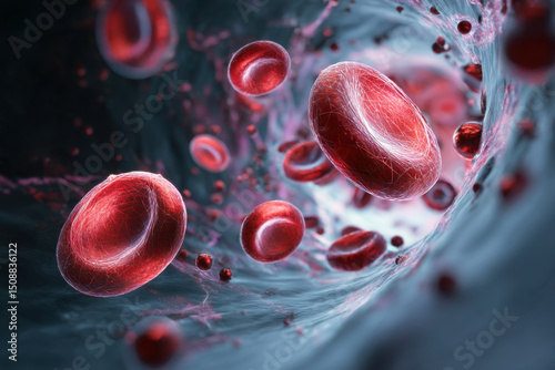This depiction highlights the impact of vein disease on blood circulation, illustrating damaged valves that compromise the flow of healthy and unhealthy blood cells toward the heart