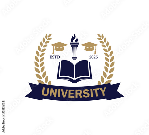 This logo showcases a book and torch design flanked by graduation caps, representing academic achievement and knowledge in a minimal and elegant vector style. Ideal for university branding.