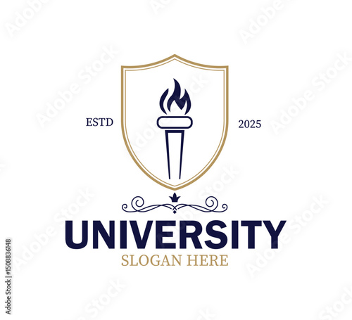 This logo presents a striking shield design incorporating a torch, symbolizing knowledge and enlightenment. It is ideal for a university established in 2025, reflecting a modern aesthetic.