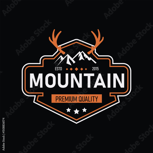 Bold logo design showcasing mountains and antlers against a black background, emphasizing premium quality. This modern vector template is suitable for outdoor or adventure-themed branding.