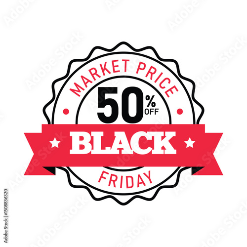 Featuring a bold red and black design, this promotional logo announces a 50% discount for Black Friday sales in a clean, minimal vector style. Ideal for marketing campaigns.
