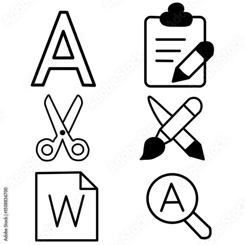 A set of black and white vector icons related to document editing, word processing, and design tools