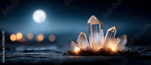 A cluster of luminous crystals shines against a dark background, illuminated softly by ambient light, creating a mystical atmosphere under a moonlit sky