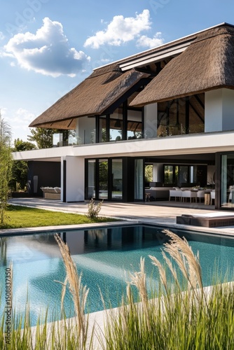 Wallpaper Mural Experience the beauty of a stunning modern villa, complete with a charming thatched roof and a refreshing swimming pool, all nestled in a tranquil landscape under the bright daylight Torontodigital.ca