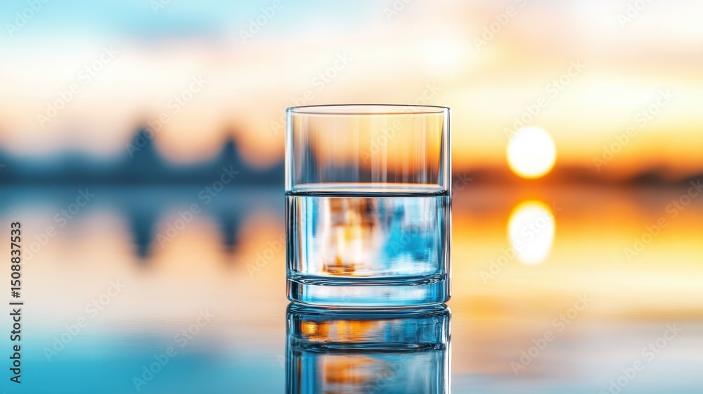 custom made wallpaper toronto digitalA clear glass filled with water sits elegantly against a vibrant sunset backdrop, reflecting a warm glow that encapsulates the beauty of nature and serenity intermingled.