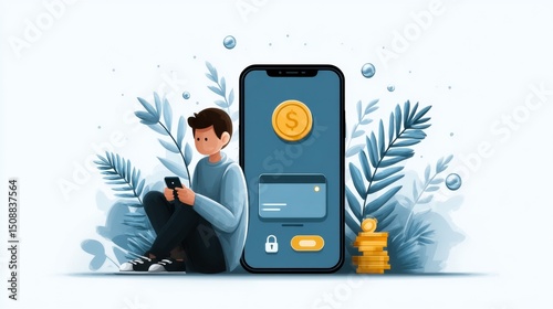 A young person using a smartphone while sitting beside a large phone graphic displaying a credit card and a coin, surrounded by leaves and stacks of coins