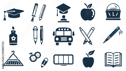 Education icons graduation cap school bus apple book pencil brushes supplies learning knowledge and education