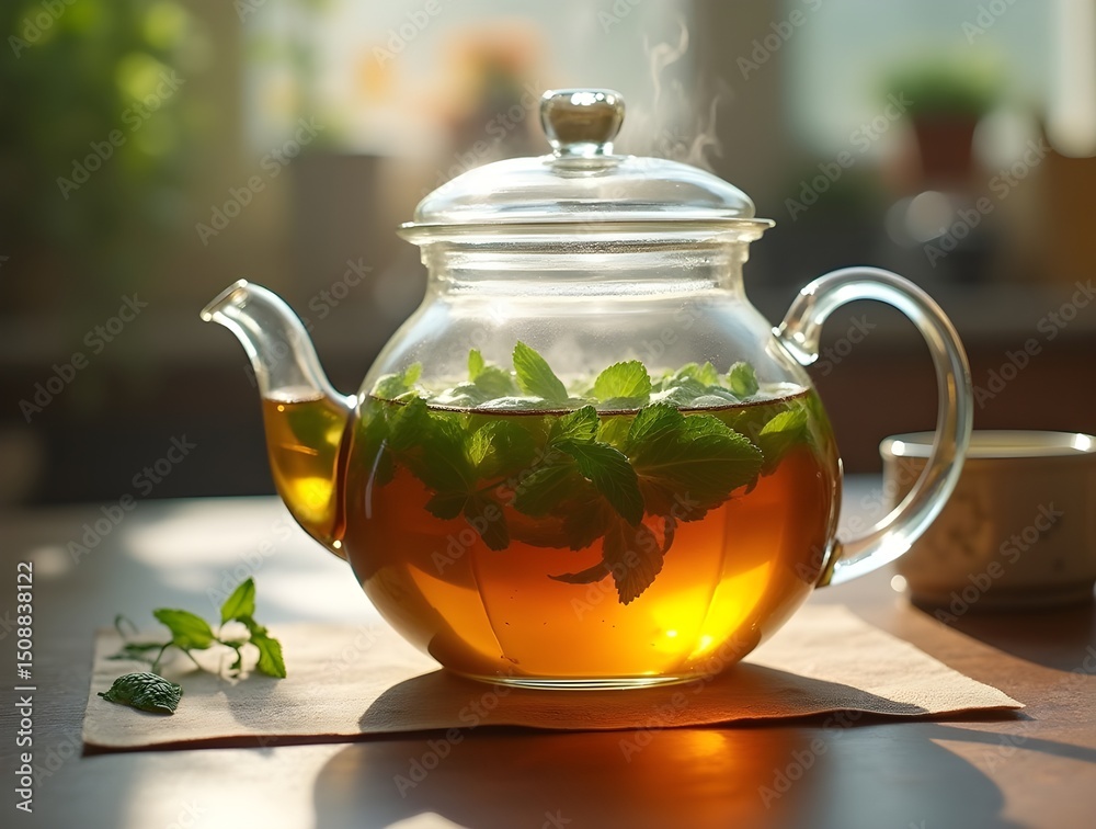 Steaming Herbal Tea in Glass Teapot with Fresh Mint Leaves Steaming Herbal Tea in Glass Teapot with Fresh Mint Leaves