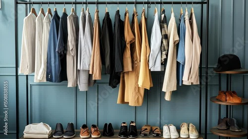 Clothing rack with suits and shoes, fashion wardrobe concept. Home interior.