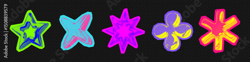 Y2k 3d punk neon colors light chrome halftone stars shape retro abstract vector illustration sticker set. Chrome silver 3d metallic halftone semitone retro effect bright neon color star collection.