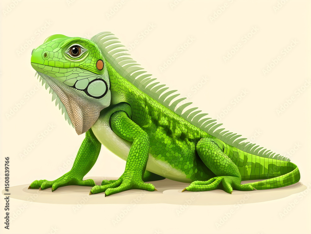 Obraz premium Vibrant green iguana basking in warm sunlight, showcasing its stunning scales and intricate patterns