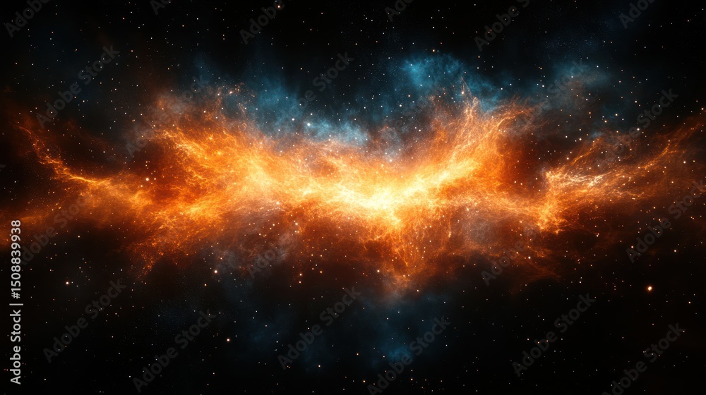Fototapeta premium Fiery nebula cosmic collision, space background, digital art