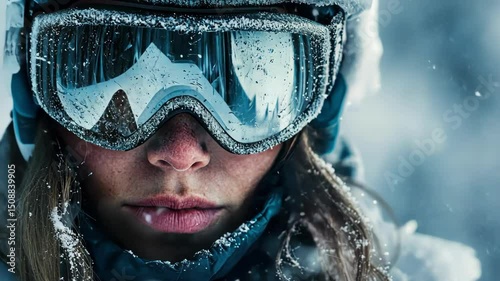 Close-up of woman in ski goggles covered in snow during snowfall. Winter sport, active lifestyle, outdoors.