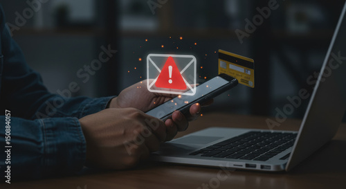 Fraud alert: A man in his thirties checks a smartphone with a suspicious message near a laptop and credit card.
