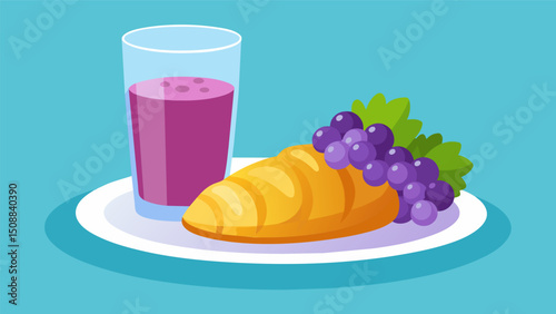 A flaky golden brown pastel is balanced delicately on a plate next to a glass of vibrant purple api.. Vector illustration