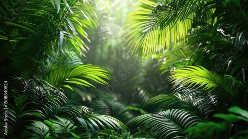Lush Tropical Rainforest Background Sunlight Through Palm Leaves