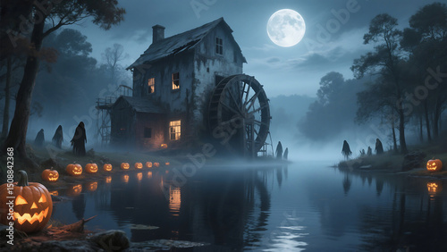 Spooky halloween night at an old watermill with jack olanterns and mysterious figures
